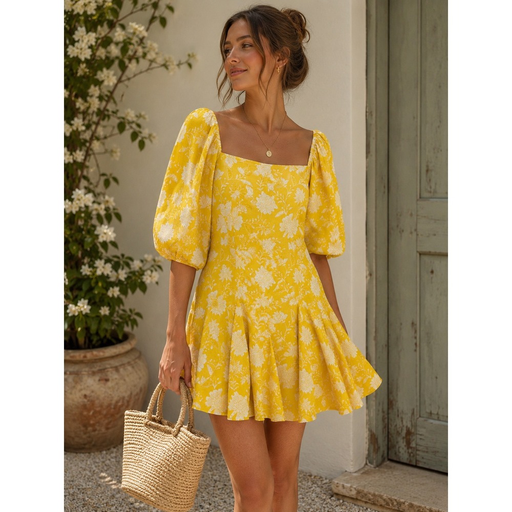 Mille Anais 100% Cotton Yellow Floral Puff-Sleeve Dress